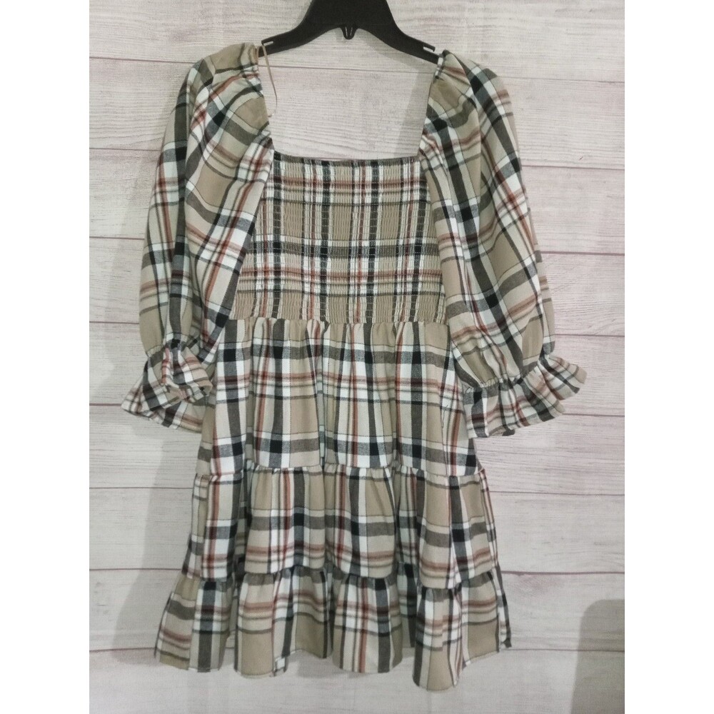 Francesca’s Miami Dress Women's Size Small Square Neck Ruffle Plaid Brown Min - Picture 3 of 5